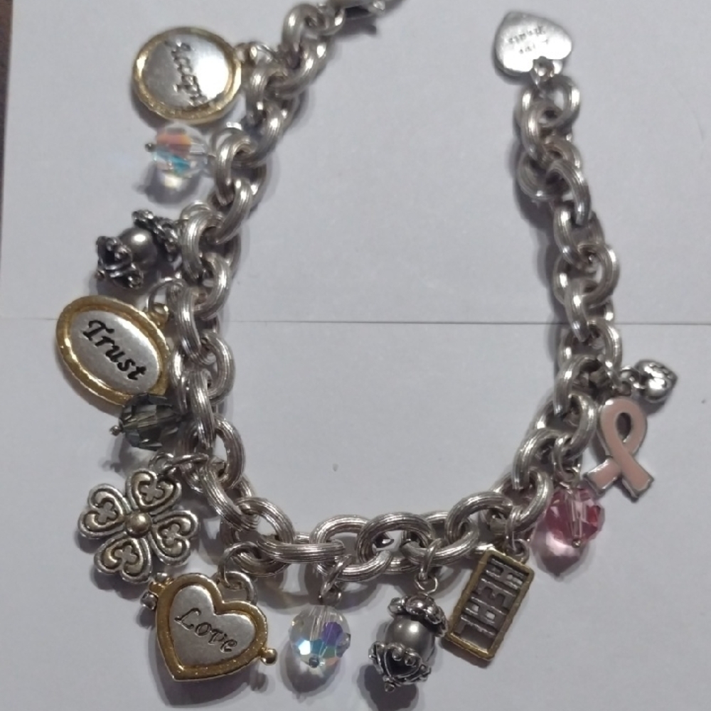 Brighton Silver and Gold Charm Bracelet with Pink Accents